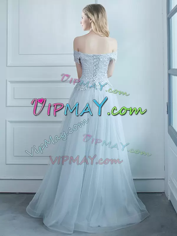 Cap Sleeves Off The Shoulder Lace Up Floor Length Beading and Appliques Wedding Party Dress Off The Shoulder