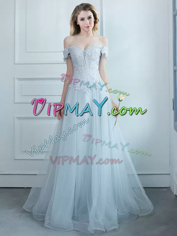 Cap Sleeves Off The Shoulder Lace Up Floor Length Beading and Appliques Wedding Party Dress Off The Shoulder