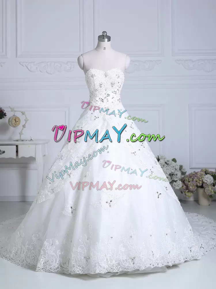 Extravagant White Sleeveless Tulle Chapel Train Lace Up Wedding Dresses for Wedding Party