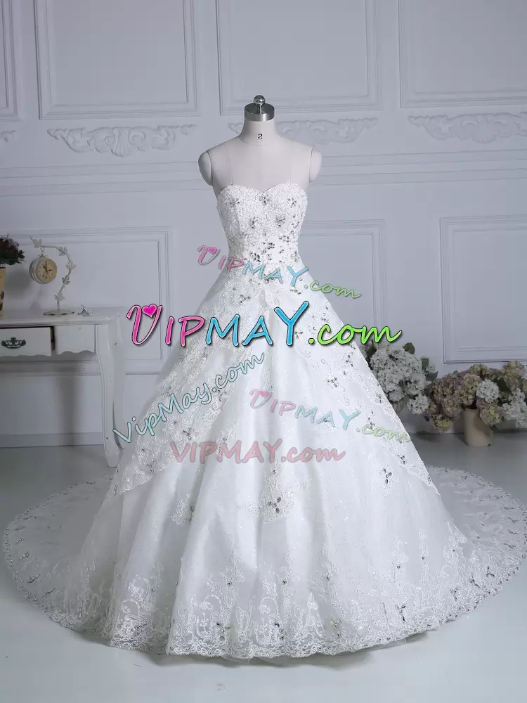 Extravagant White Sleeveless Tulle Chapel Train Lace Up Wedding Dresses for Wedding Party