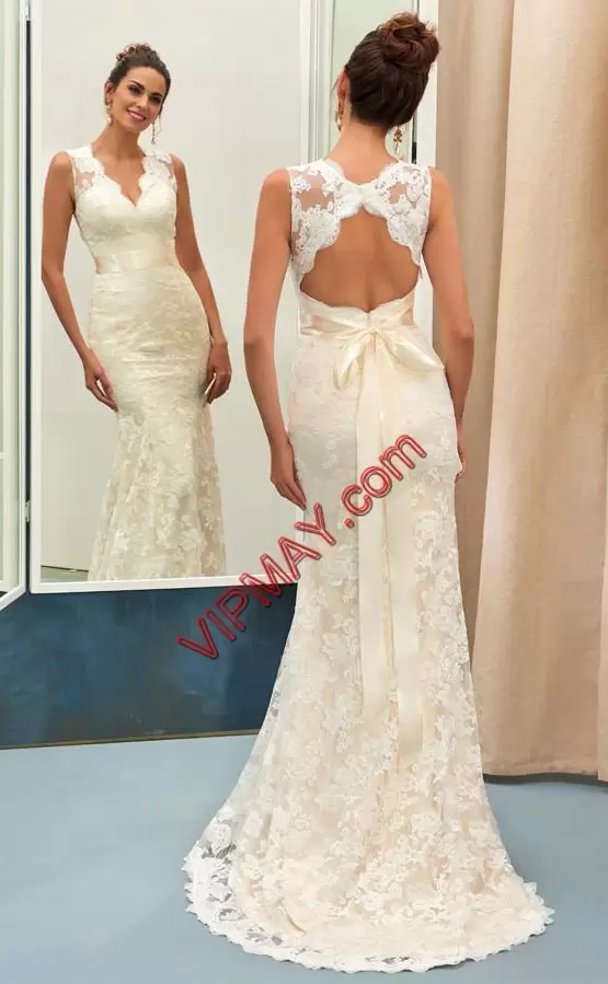 White Mermaid Lace V-neck Sleeveless Sashes ribbons Floor Length Backless Wedding Gowns