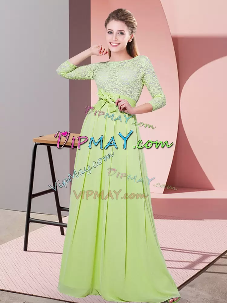 Cute Chiffon Scoop 3 4 Length Sleeve Side Zipper Lace and Belt Bridesmaid Gown in Yellow Green
