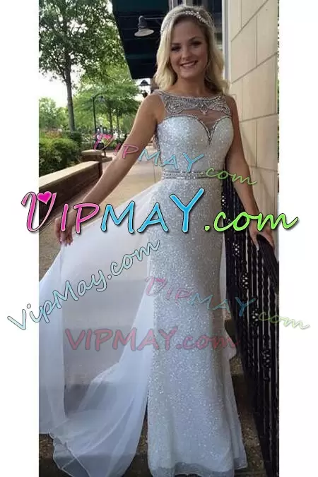 Bateau Sleeveless Chiffon Bridal Gown Beading and Sequins Watteau Train Side Zipper