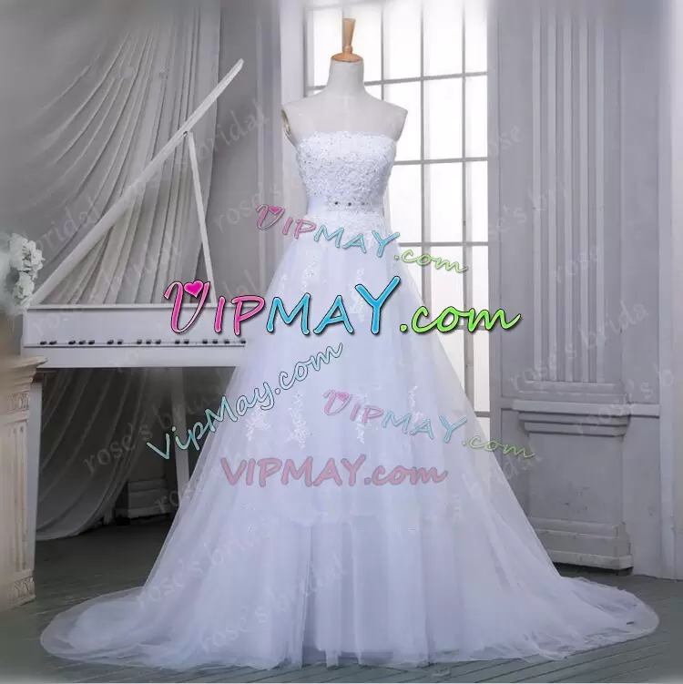 Custom Design Strapless Sleeveless Tulle Wedding Gown Beading and Appliques Brush Train Zipper