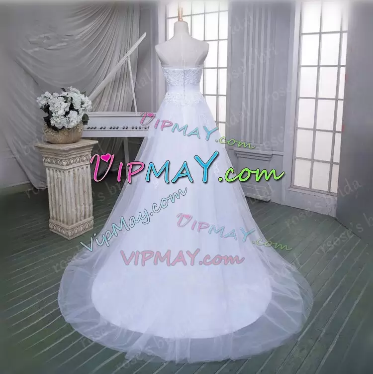 Custom Design Strapless Sleeveless Tulle Wedding Gown Beading and Appliques Brush Train Zipper