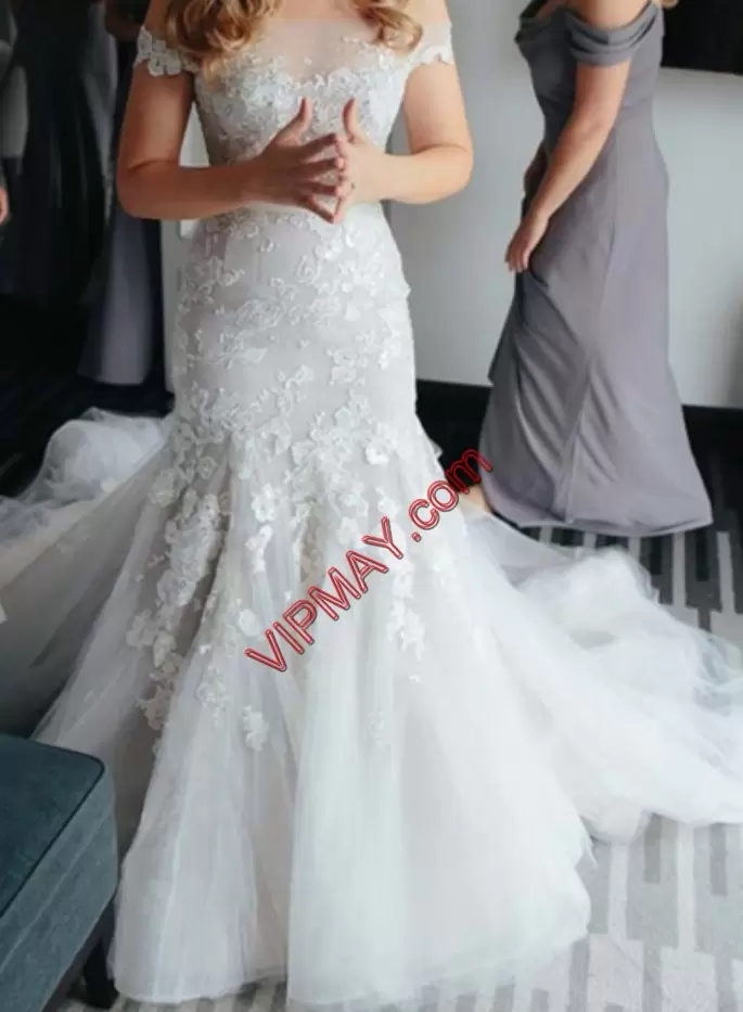 Extravagant Tulle Sleeveless Wedding Dress Court Train and Appliques