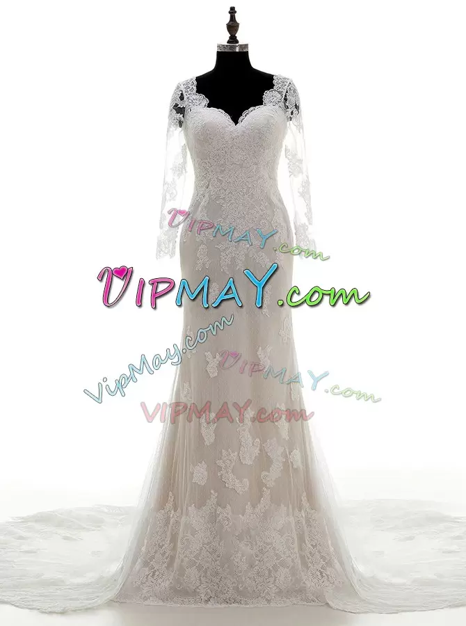 Lace and Appliques Wedding Dress White Clasp Handle 3 4 Length Sleeve With Train Court Train