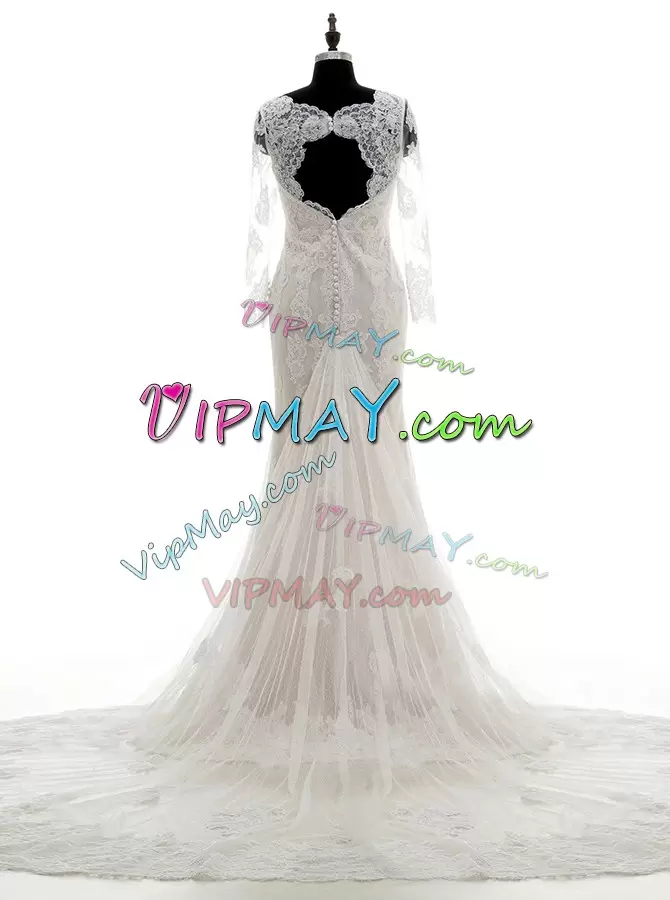 Lace and Appliques Wedding Dress White Clasp Handle 3 4 Length Sleeve With Train Court Train