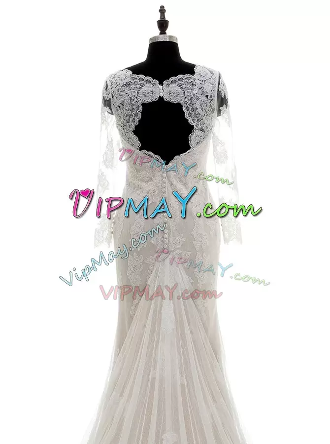 Lace and Appliques Wedding Dress White Clasp Handle 3 4 Length Sleeve With Train Court Train