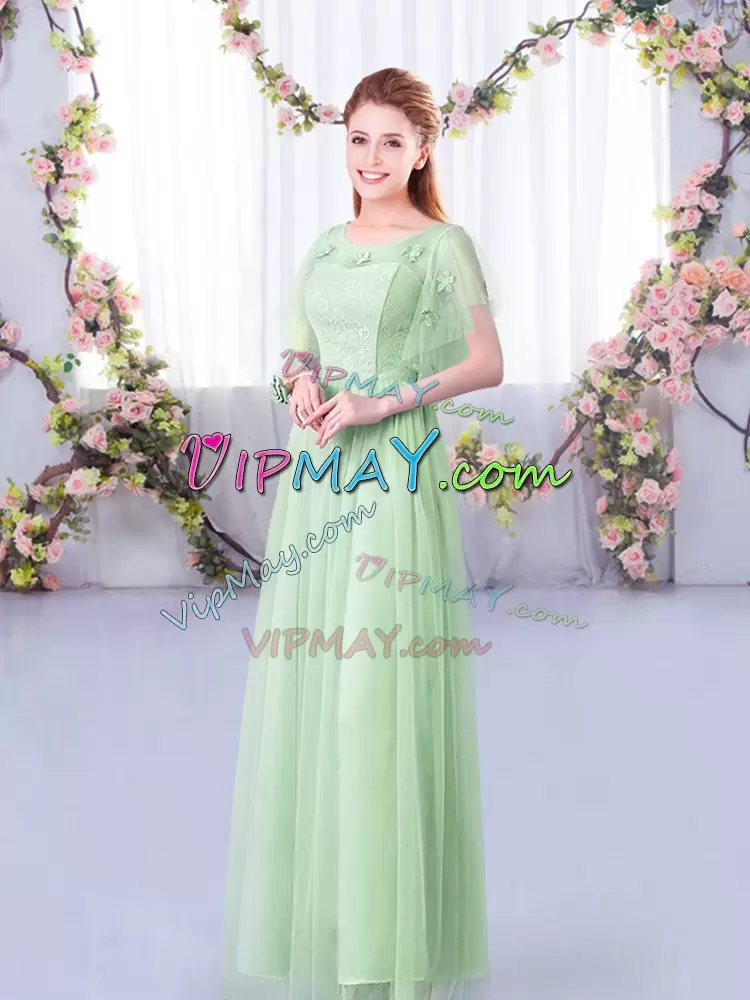 Most Popular Apple Green Side Zipper Scoop Lace and Belt Bridesmaid Dress Short Sleeves