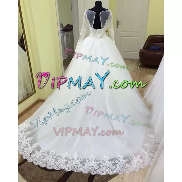 With Train Backless Wedding Gowns White for Beach and Wedding Party with Appliques Court Train