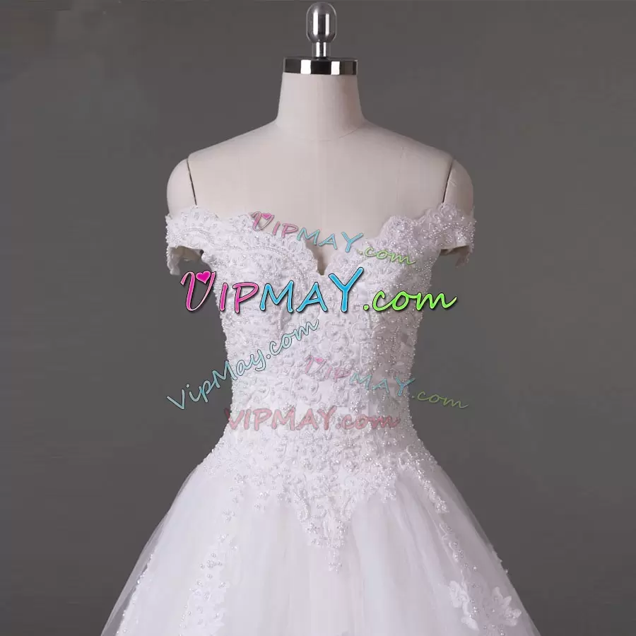 Most Popular Sleeveless Off The Shoulder Appliques Lace Up Wedding Dress