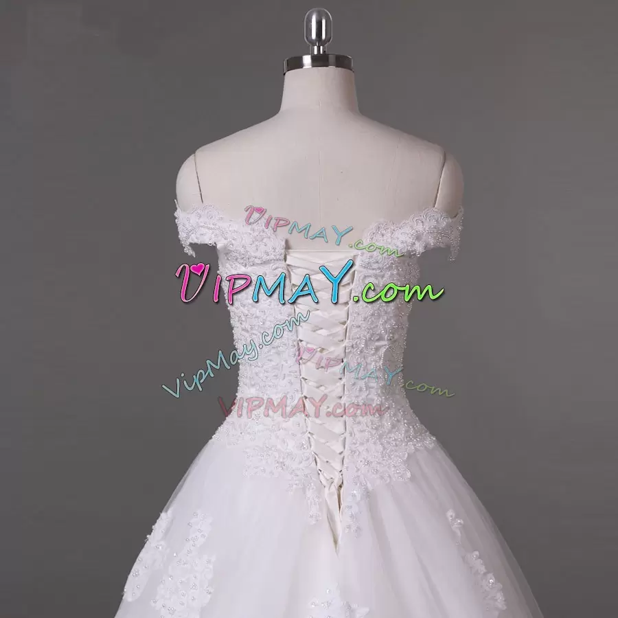 Most Popular Sleeveless Off The Shoulder Appliques Lace Up Wedding Dress