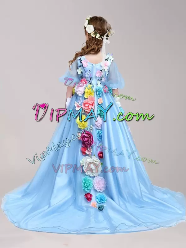 Baby Blue Zipper Flower Girl Dress Hand Made Flower Half Sleeves With Brush Train