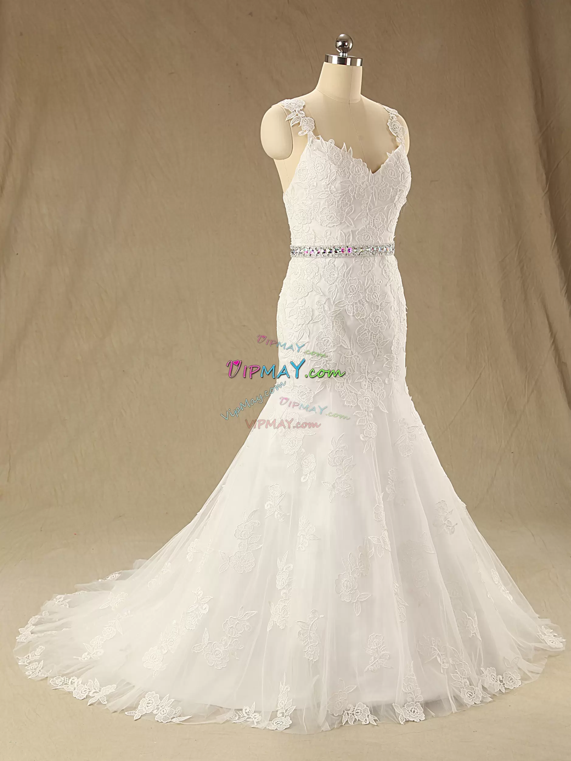 Backless Bridal Gown White for Wedding Party with Beading and Appliques and Belt Sweep Train