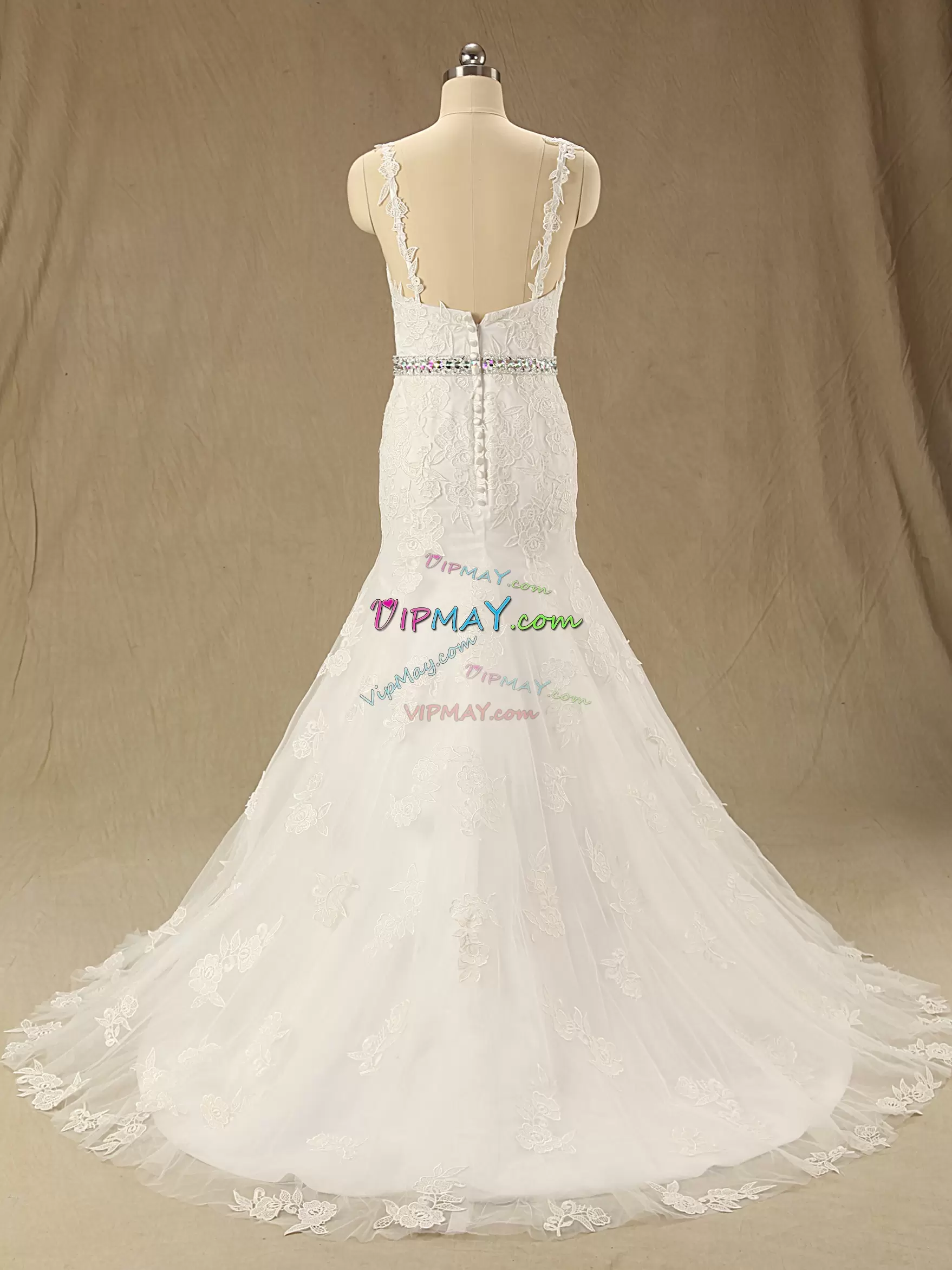 Backless Bridal Gown White for Wedding Party with Beading and Appliques and Belt Sweep Train