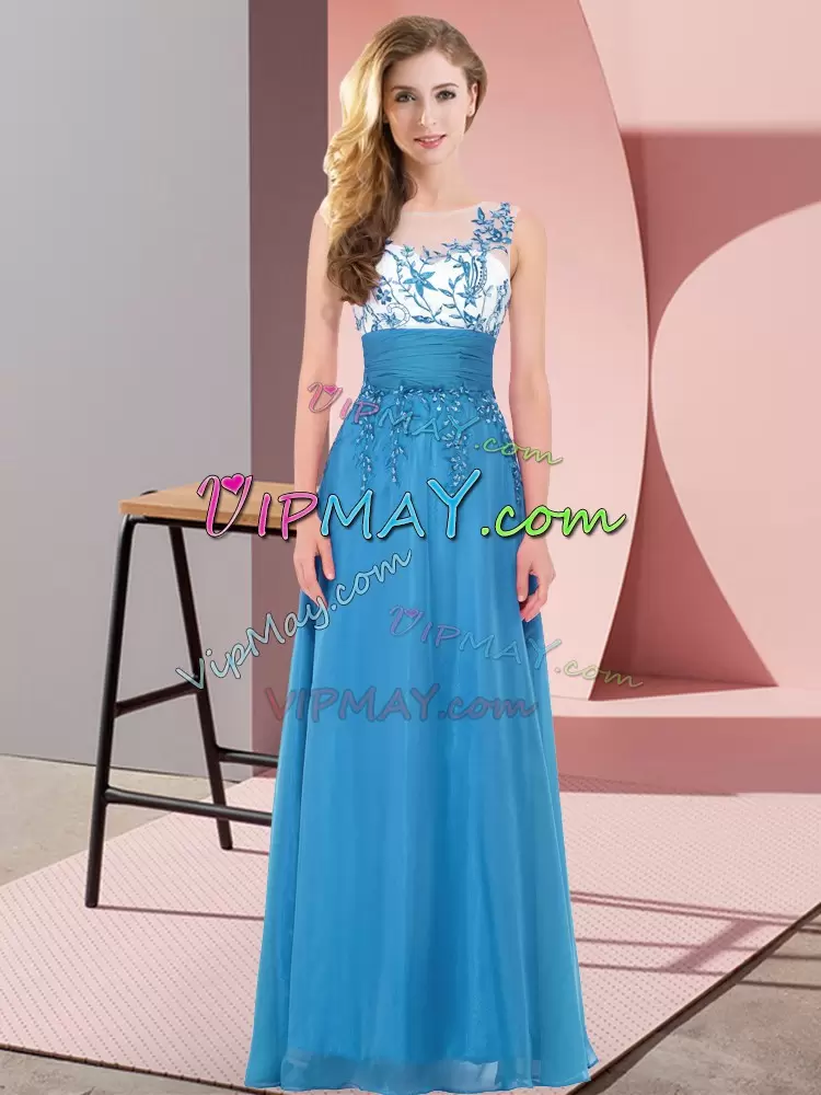 Sumptuous Scoop Sleeveless Backless Wedding Party Dress Blue Chiffon Appliques