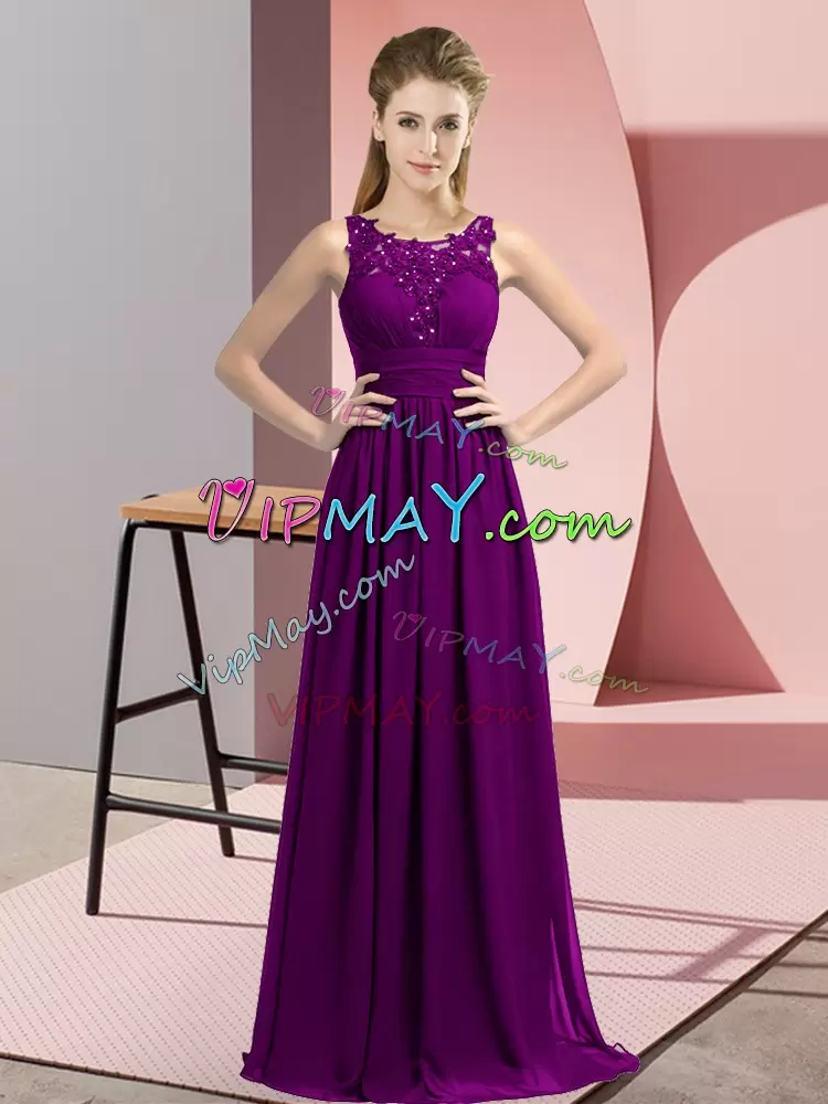 Superior Sleeveless Chiffon Floor Length Zipper Wedding Party Dress in Purple with Beading and Appliques