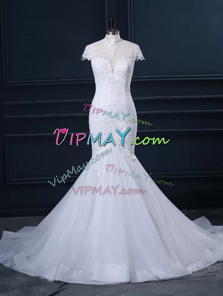 White Cap Sleeves Court Train Lace Wedding Dresses