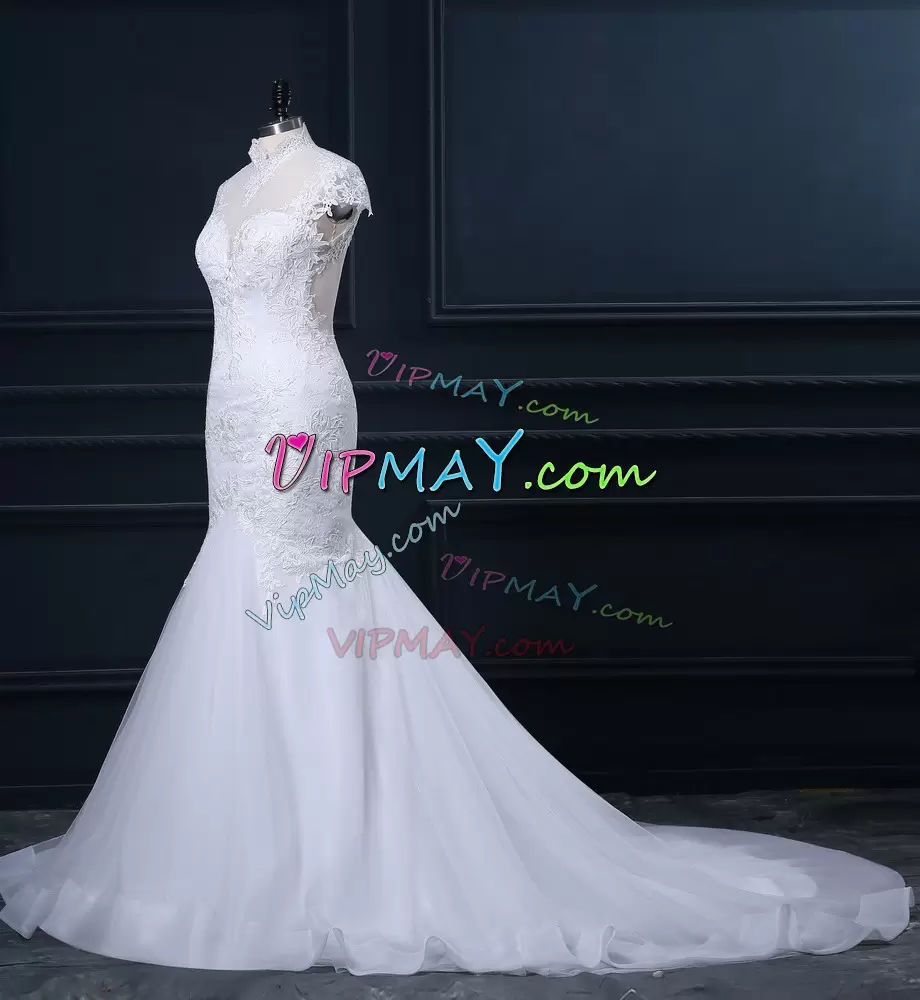 White Cap Sleeves Court Train Lace Wedding Dresses