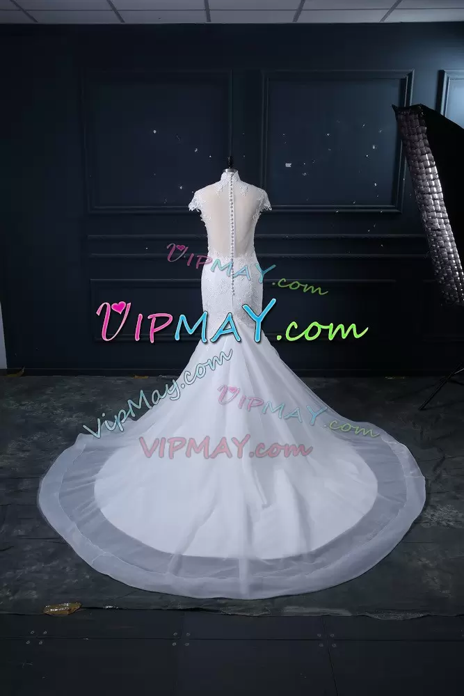 White Cap Sleeves Court Train Lace Wedding Dresses