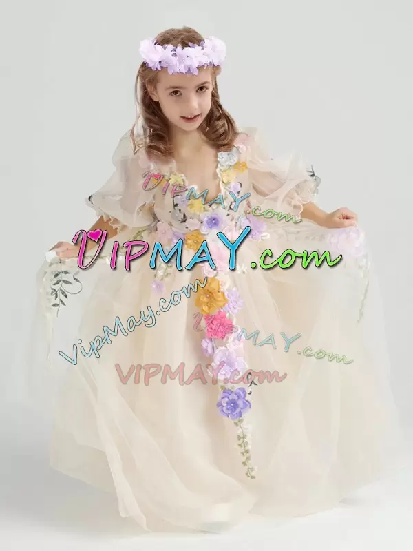 Vintage Tulle V-neck Half Sleeves Zipper Appliques and Hand Made Flower Flower Girl Dress in Champagne