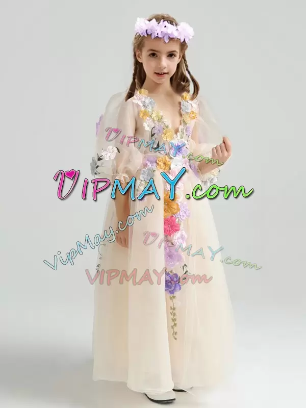 Vintage Tulle V-neck Half Sleeves Zipper Appliques and Hand Made Flower Flower Girl Dress in Champagne