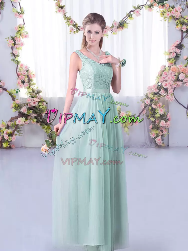 Customized Light Blue Side Zipper Bridesmaid Gown Lace and Belt Sleeveless Floor Length