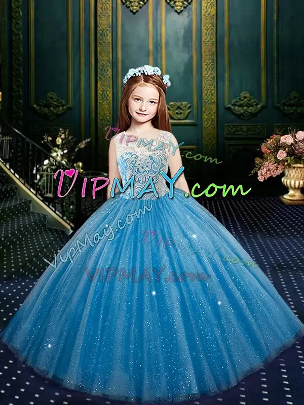 Blue Scoop Clasp Handle Appliques Kids Formal Wear Sleeveless