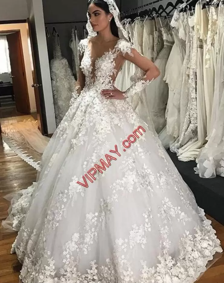 White Lace Up Bridal Gown Appliques Long Sleeves Floor Length