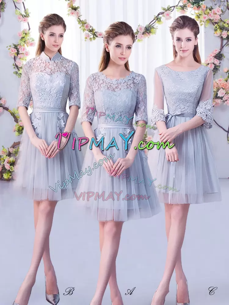 Modest Grey Half Sleeves Lace Mini Length Wedding Guest Dresses