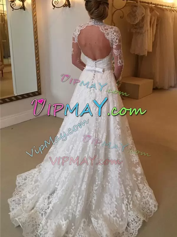 Admirable Long Sleeves Halter Top Court Train Lace Backless Wedding Dress