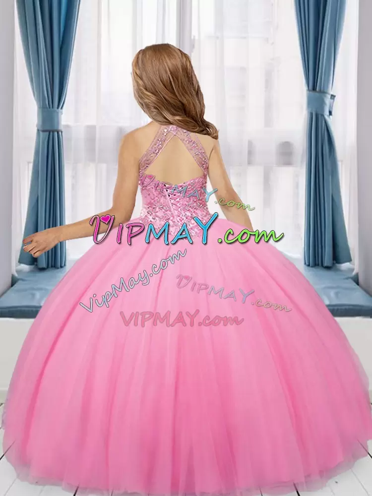 Rose Pink High-neck Lace Up Beading Pageant Dress Wholesale Sleeveless