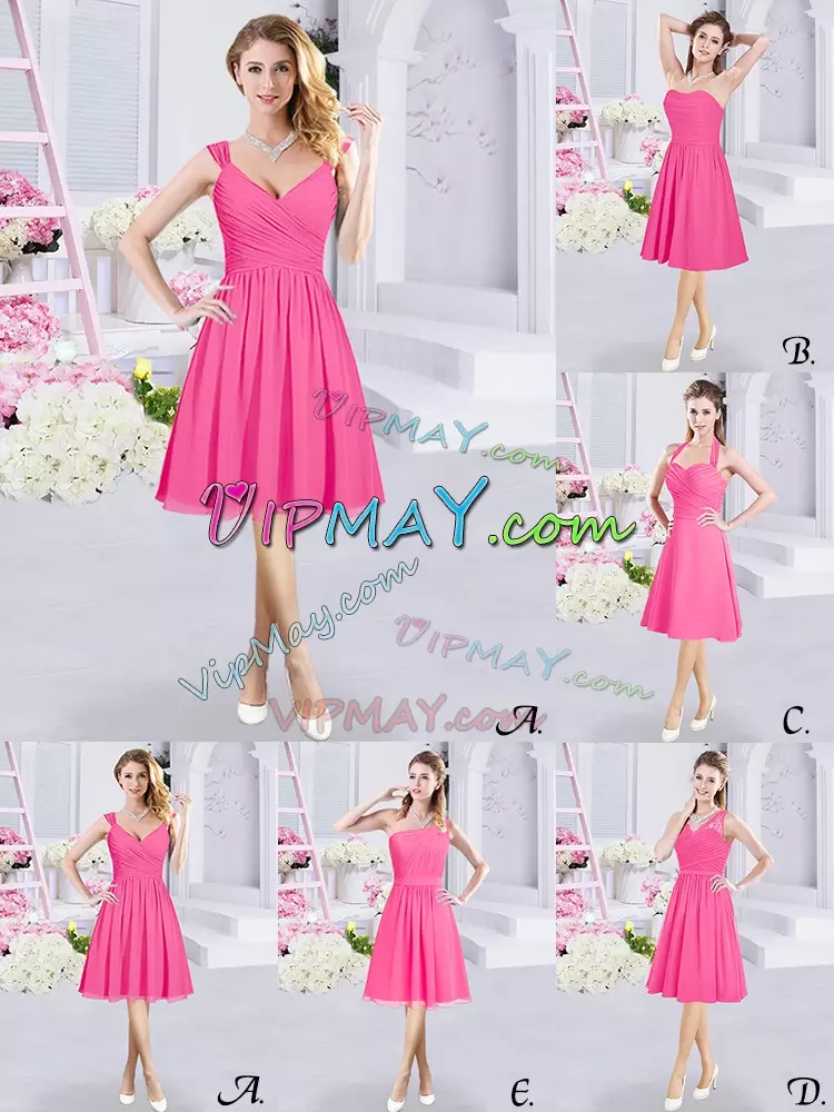 Fashion Hot Pink A-line V-neck Sleeveless Chiffon Knee Length Side Zipper Lace and Ruching Wedding Party Dress