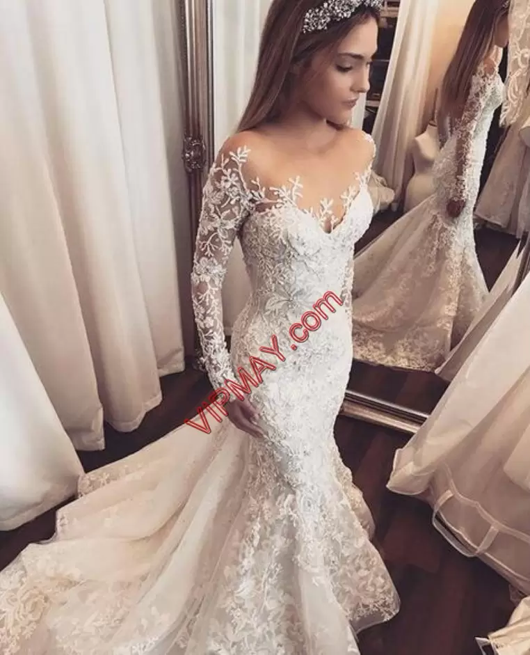 White Sweetheart Long Sleeves Lace Backless Mermaid Wedding Dress