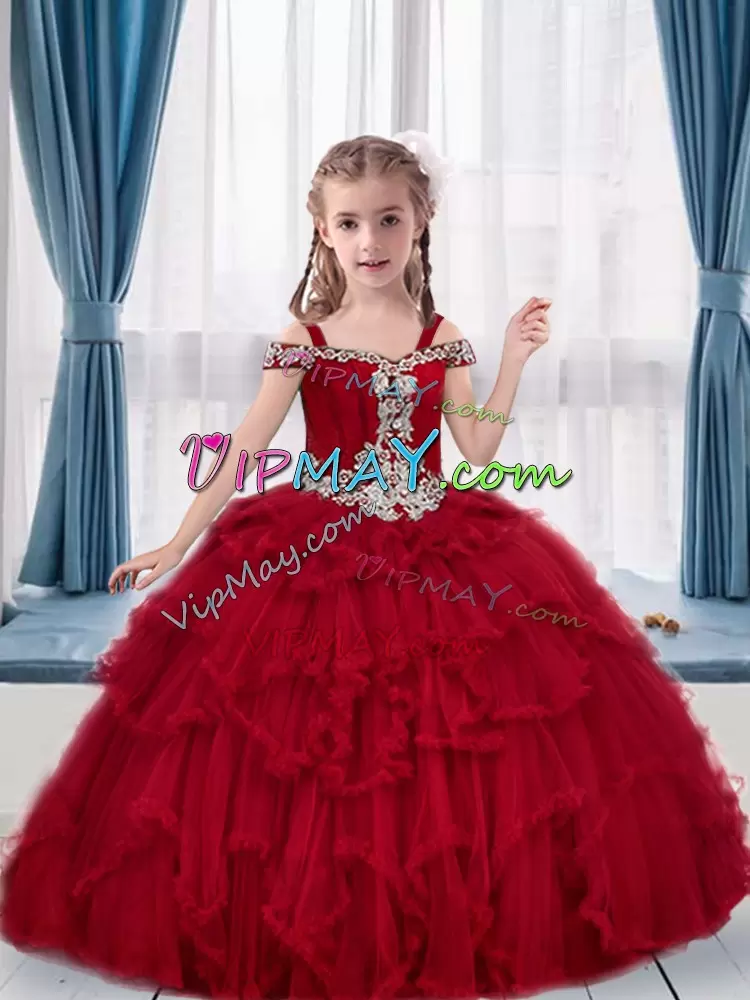 Red Beading Floor Length Little Girls Pageant Dress Wholesale