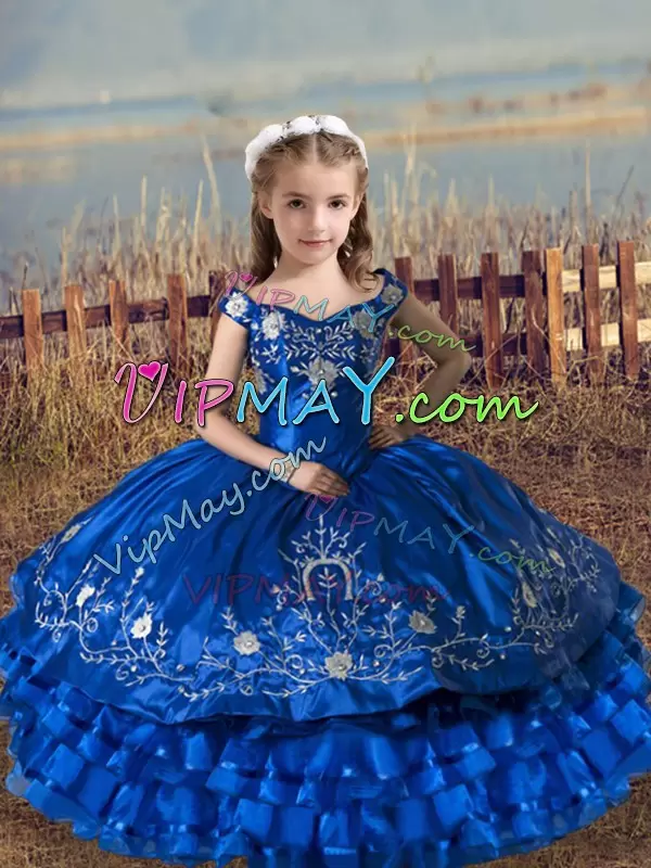 Royal Blue Off The Shoulder Lace Up Embroidery and Ruffled Layers Pageant Dress for Girls Sleeveless