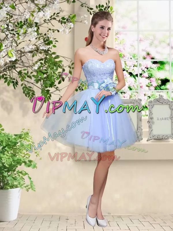 Sweetheart Sleeveless Bridesmaid Dresses Knee Length Lace and Belt Lavender Tulle