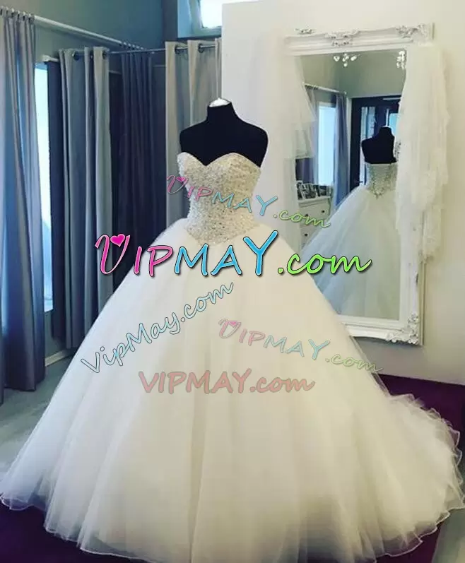 Sleeveless Sweetheart Court Train Beading Lace Up Wedding Gowns