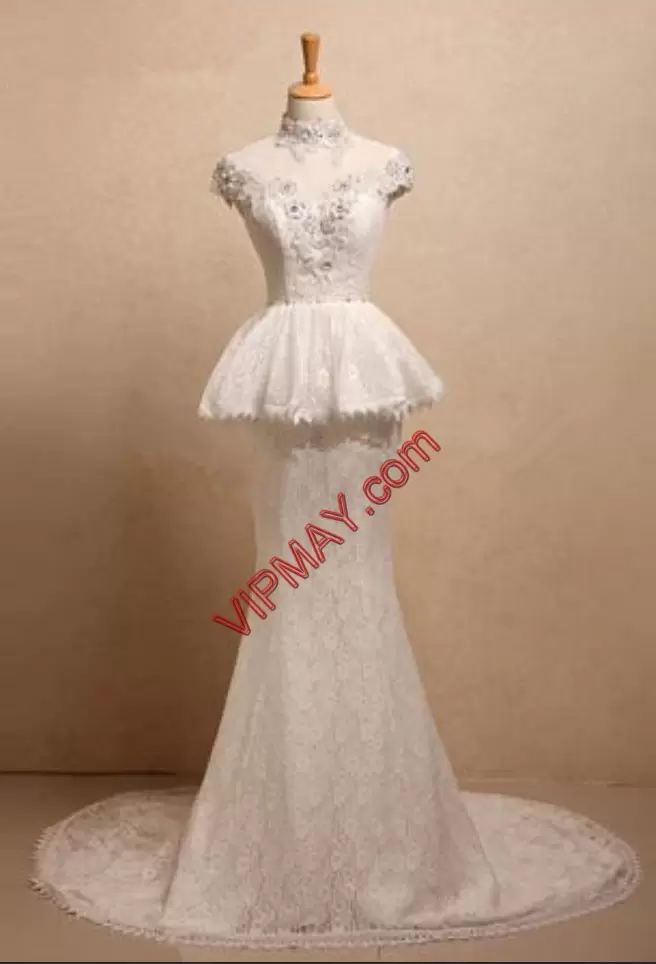 Lace Off The Shoulder Cap Sleeves Brush Train Lace Up Beading Wedding Gown in White