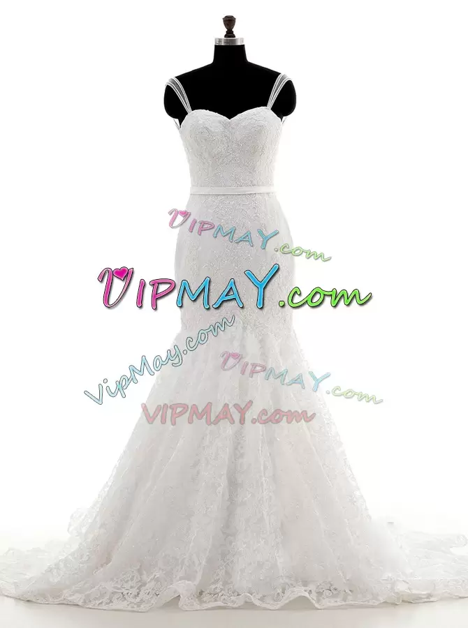 With Train White Wedding Gowns Spaghetti Straps Sleeveless Brush Train Backless