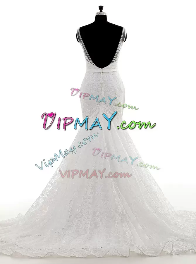 With Train White Wedding Gowns Spaghetti Straps Sleeveless Brush Train Backless