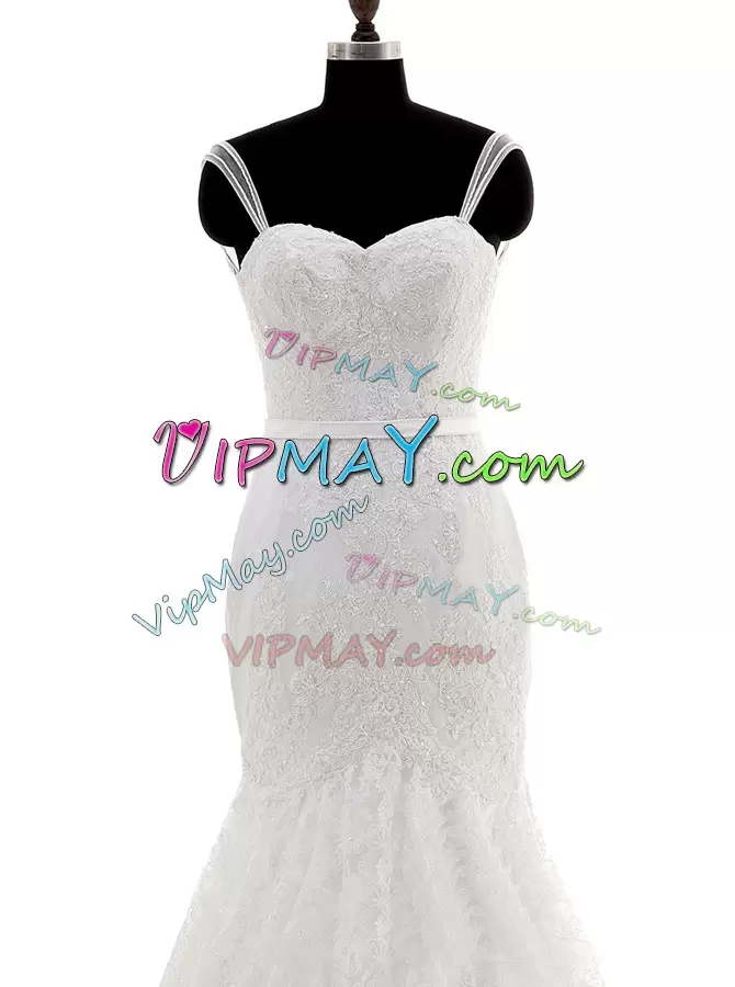 With Train White Wedding Gowns Spaghetti Straps Sleeveless Brush Train Backless