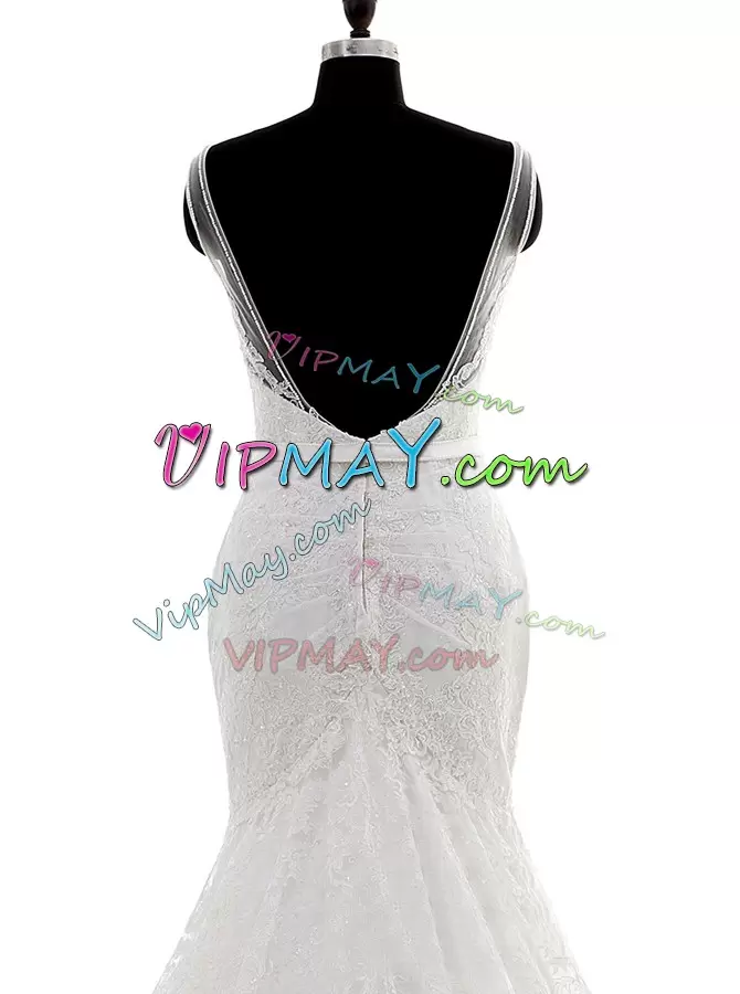 With Train White Wedding Gowns Spaghetti Straps Sleeveless Brush Train Backless