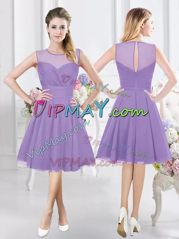 Lavender A-line Lace and Ruching and Hand Made Flower Wedding Guest Dresses Zipper Chiffon Sleeveless Knee Length