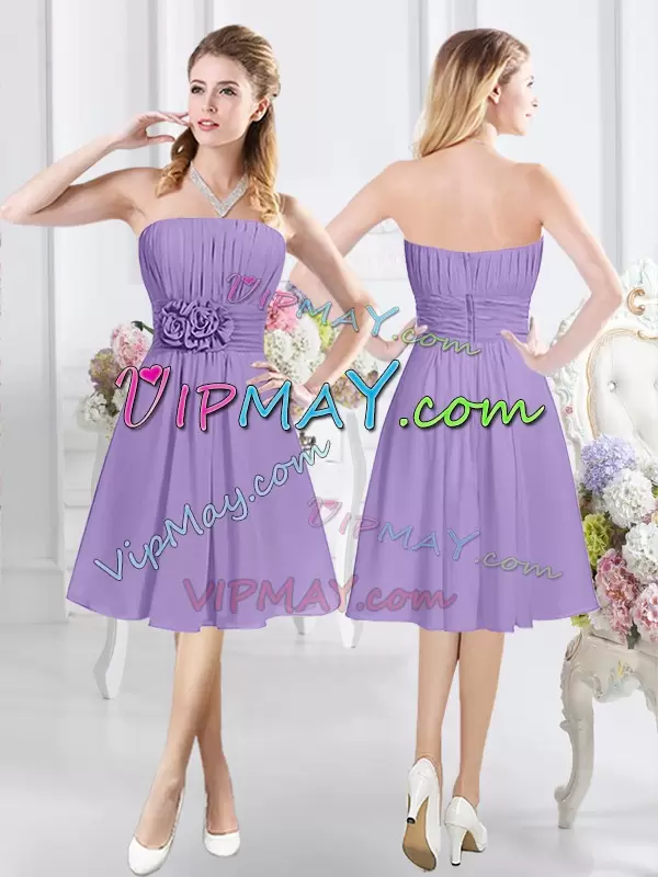 Lavender A-line Lace and Ruching and Hand Made Flower Wedding Guest Dresses Zipper Chiffon Sleeveless Knee Length