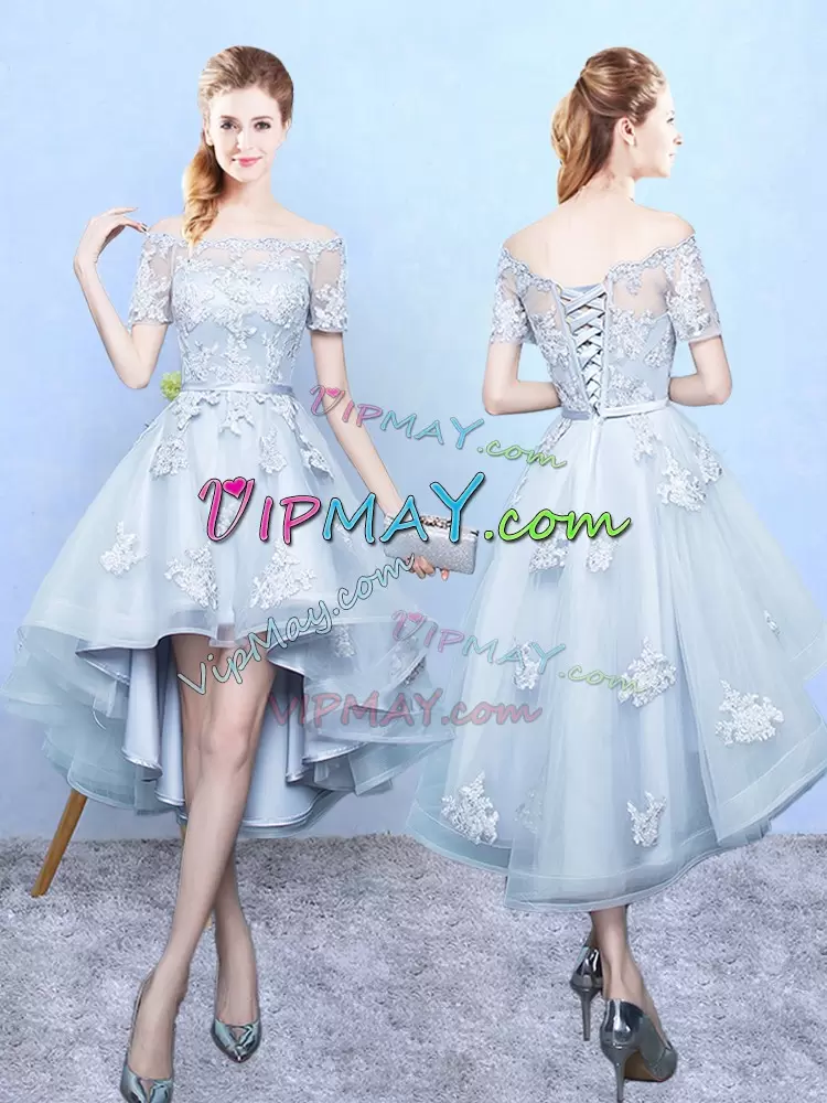 Flare High Low Light Blue Wedding Party Dress Tulle Short Sleeves Lace