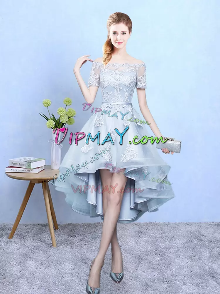 Flare High Low Light Blue Wedding Party Dress Tulle Short Sleeves Lace