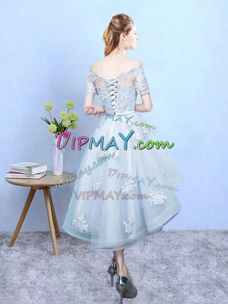 Flare High Low Light Blue Wedding Party Dress Tulle Short Sleeves Lace