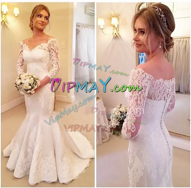 Customized Lace Off The Shoulder Long Sleeves Sweep Train Clasp Handle Lace Wedding Gown in White